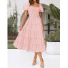 imageZESICA Womens 2025 Summer Square Neck Short Puff Sleeve Solid Color High Waist Casual Smocked Flowy A Line Tiered Midi DressPink