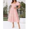 imageZESICA Womens 2025 Summer Square Neck Short Puff Sleeve Solid Color High Waist Casual Smocked Flowy A Line Tiered Midi DressPink