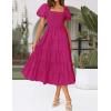 imageZESICA Womens 2025 Summer Square Neck Short Puff Sleeve Solid Color High Waist Casual Smocked Flowy A Line Tiered Midi DressRose