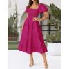 imageZESICA Womens 2025 Summer Square Neck Short Puff Sleeve Solid Color High Waist Casual Smocked Flowy A Line Tiered Midi DressRose