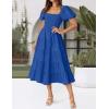imageZESICA Womens 2025 Summer Square Neck Short Puff Sleeve Solid Color High Waist Casual Smocked Flowy A Line Tiered Midi DressRoyal Blue