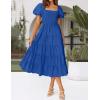 imageZESICA Womens 2025 Summer Square Neck Short Puff Sleeve Solid Color High Waist Casual Smocked Flowy A Line Tiered Midi DressRoyal Blue