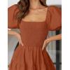 imageZESICA Womens 2025 Summer Square Neck Short Puff Sleeve Solid Color High Waist Casual Smocked Flowy A Line Tiered Midi DressRust