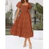 imageZESICA Womens 2025 Summer Square Neck Short Puff Sleeve Solid Color High Waist Casual Smocked Flowy A Line Tiered Midi DressRust