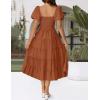 imageZESICA Womens 2025 Summer Square Neck Short Puff Sleeve Solid Color High Waist Casual Smocked Flowy A Line Tiered Midi DressRust
