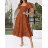 imageZESICA Womens 2025 Summer Square Neck Short Puff Sleeve Solid Color High Waist Casual Smocked Flowy A Line Tiered Midi DressRust
