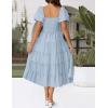 imageZESICA Womens 2025 Summer Square Neck Short Puff Sleeve Solid Color High Waist Casual Smocked Flowy A Line Tiered Midi DressSky Blue