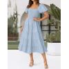 imageZESICA Womens 2025 Summer Square Neck Short Puff Sleeve Solid Color High Waist Casual Smocked Flowy A Line Tiered Midi DressSky Blue