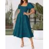 imageZESICA Womens 2025 Summer Square Neck Short Puff Sleeve Solid Color High Waist Casual Smocked Flowy A Line Tiered Midi DressTeal