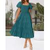 imageZESICA Womens 2025 Summer Square Neck Short Puff Sleeve Solid Color High Waist Casual Smocked Flowy A Line Tiered Midi DressTeal Green