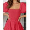 imageZESICA Womens 2025 Summer Square Neck Short Puff Sleeve Solid Color High Waist Casual Smocked Flowy A Line Tiered Midi DressWatermelon