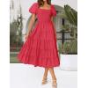 imageZESICA Womens 2025 Summer Square Neck Short Puff Sleeve Solid Color High Waist Casual Smocked Flowy A Line Tiered Midi DressWatermelon