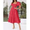 imageZESICA Womens 2025 Summer Square Neck Short Puff Sleeve Solid Color High Waist Casual Smocked Flowy A Line Tiered Midi DressWatermelon