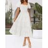 imageZESICA Womens 2025 Summer Square Neck Short Puff Sleeve Solid Color High Waist Casual Smocked Flowy A Line Tiered Midi DressWhite
