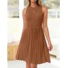 imageZESICA Womens Summer Sleeveless Mini Dress 2025 Crewneck Knit A Line Pleated Swing Casual Basic Short DressCaramel