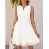 imageZESICA Womens Summer Sleeveless Mini Dress V Neck Hollow Out Eyelet High Waist A Line Swing Short Party DressesWhite