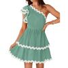 imageZESICA Womens 2025 Summer One Shoulder Dresses Ruffle Short Sleeve Tiered Layered Swing A Line Mini SundressTurquoise