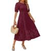 imageZESICA Womens 2025 Summer Short Puff Sleeve Crewneck Smocked Floral Lace Flowy A Line Tiered Maxi DressesWine