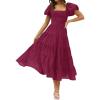 imageZESICA Womens 2025 Summer Square Neck Short Puff Sleeve Solid Color High Waist Casual Smocked Flowy A Line Tiered Midi DressFuchsia