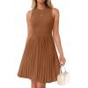 imageZESICA Womens Summer Sleeveless Mini Dress 2025 Crewneck Knit A Line Pleated Swing Casual Basic Short DressCaramel