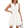 imageZESICA Womens Summer Sleeveless Mini Dress V Neck Hollow Out Eyelet High Waist A Line Swing Short Party DressesWhite