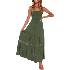 imageZESICA Womens 2025 Summer Bohemian Strapless Off Shoulder Lace Trim Backless Flowy A Line Beach Long Maxi DressArmygreen