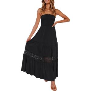 imageZESICA Womens 2025 Summer Bohemian Strapless Off Shoulder Lace Trim Backless Flowy A Line Beach Long Maxi DressBlack
