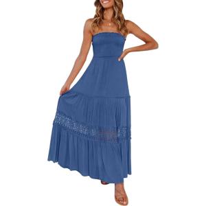 imageZESICA Womens 2025 Summer Bohemian Strapless Off Shoulder Lace Trim Backless Flowy A Line Beach Long Maxi DressBlue