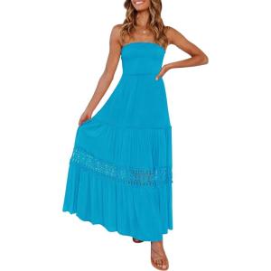 imageZESICA Womens 2025 Summer Bohemian Strapless Off Shoulder Lace Trim Backless Flowy A Line Beach Long Maxi DressCobalt