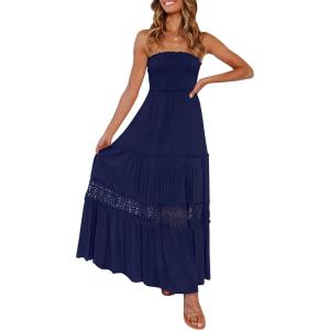 imageZESICA Womens 2025 Summer Bohemian Strapless Off Shoulder Lace Trim Backless Flowy A Line Beach Long Maxi DressNavy