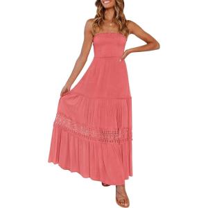 imageZESICA Womens 2025 Summer Bohemian Strapless Off Shoulder Lace Trim Backless Flowy A Line Beach Long Maxi DressPeach
