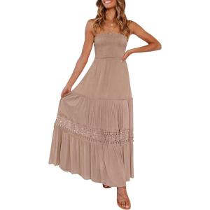 imageZESICA Womens 2025 Summer Bohemian Strapless Off Shoulder Lace Trim Backless Flowy A Line Beach Long Maxi DressPink
