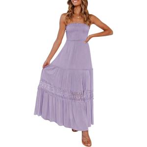 imageZESICA Womens 2025 Summer Bohemian Strapless Off Shoulder Lace Trim Backless Flowy A Line Beach Long Maxi DressPurple