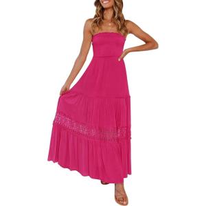 imageZESICA Womens 2025 Summer Bohemian Strapless Off Shoulder Lace Trim Backless Flowy A Line Beach Long Maxi DressRose