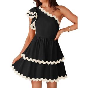 imageZESICA Womens 2025 Summer One Shoulder Dresses Ruffle Short Sleeve Tiered Layered Swing A Line Mini SundressBlack