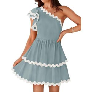 imageZESICA Womens 2025 Summer One Shoulder Dresses Ruffle Short Sleeve Tiered Layered Swing A Line Mini SundressBlue