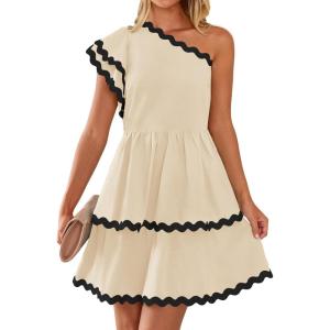 imageZESICA Womens 2025 Summer One Shoulder Dresses Ruffle Short Sleeve Tiered Layered Swing A Line Mini SundressSand
