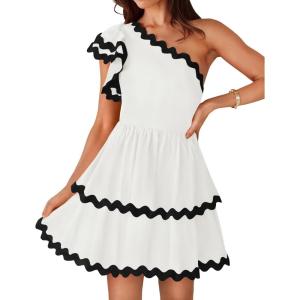 imageZESICA Womens 2025 Summer One Shoulder Dresses Ruffle Short Sleeve Tiered Layered Swing A Line Mini SundressWhite