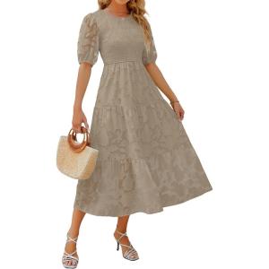 imageZESICA Womens 2025 Summer Short Puff Sleeve Crewneck Smocked Floral Lace Flowy A Line Tiered Maxi DressesAlmond