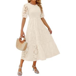 imageZESICA Womens 2025 Summer Short Puff Sleeve Crewneck Smocked Floral Lace Flowy A Line Tiered Maxi DressesBeige