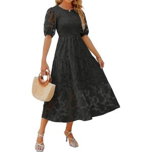 imageZESICA Womens 2025 Summer Short Puff Sleeve Crewneck Smocked Floral Lace Flowy A Line Tiered Maxi DressesBlack