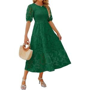 imageZESICA Womens 2025 Summer Short Puff Sleeve Crewneck Smocked Floral Lace Flowy A Line Tiered Maxi DressesDarkgreen