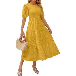 imageZESICA Womens 2025 Summer Short Puff Sleeve Crewneck Smocked Floral Lace Flowy A Line Tiered Maxi DressesGinger