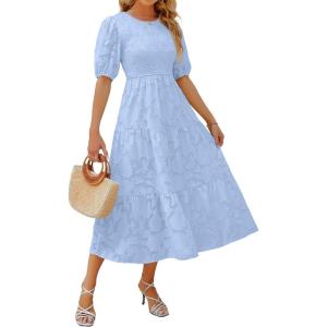 imageZESICA Womens 2025 Summer Short Puff Sleeve Crewneck Smocked Floral Lace Flowy A Line Tiered Maxi DressesLightblue