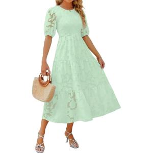 imageZESICA Womens 2025 Summer Short Puff Sleeve Crewneck Smocked Floral Lace Flowy A Line Tiered Maxi DressesMint