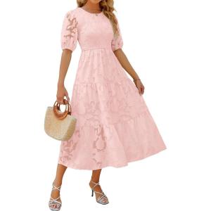 imageZESICA Womens 2025 Summer Short Puff Sleeve Crewneck Smocked Floral Lace Flowy A Line Tiered Maxi DressesPink