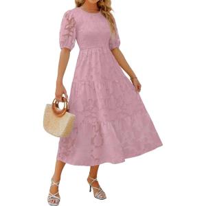 imageZESICA Womens 2025 Summer Short Puff Sleeve Crewneck Smocked Floral Lace Flowy A Line Tiered Maxi DressesPurple