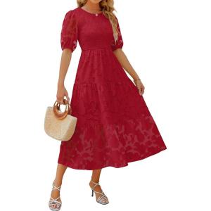 imageZESICA Womens 2025 Summer Short Puff Sleeve Crewneck Smocked Floral Lace Flowy A Line Tiered Maxi DressesRed