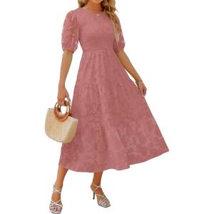 imageZESICA Womens 2025 Summer Short Puff Sleeve Crewneck Smocked Floral Lace Flowy A Line Tiered Maxi DressesTearose