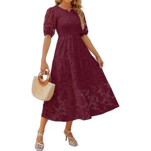 imageZESICA Womens 2025 Summer Short Puff Sleeve Crewneck Smocked Floral Lace Flowy A Line Tiered Maxi DressesWine